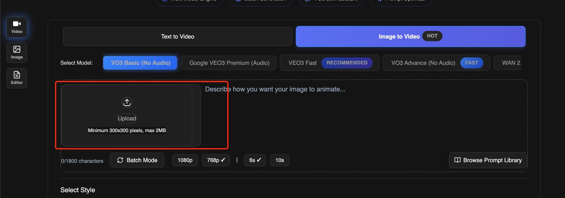 VO3 AI Image to Video Interface