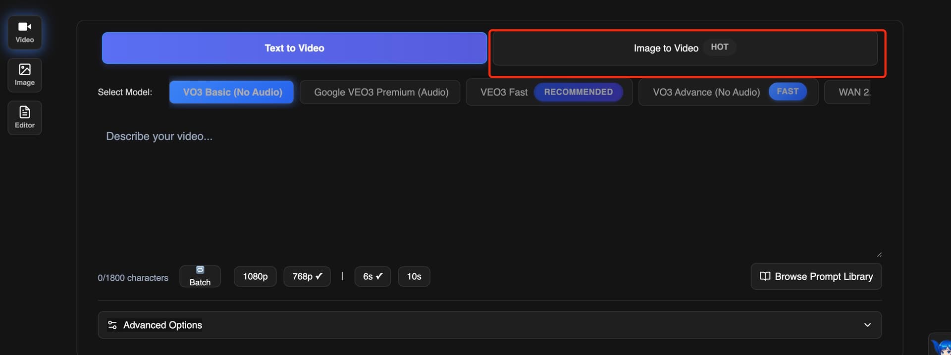 VO3 AI Text to Video Interface